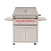 Close-up view of True Flame 32” 4 Burner grill knobs with illuminated indicators.